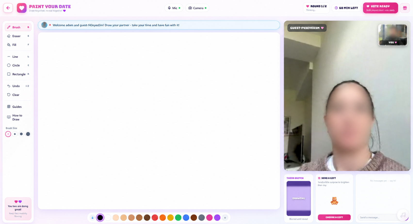 The PaintYourDate drawing screen with drawing tools and a video call beside the canvas
