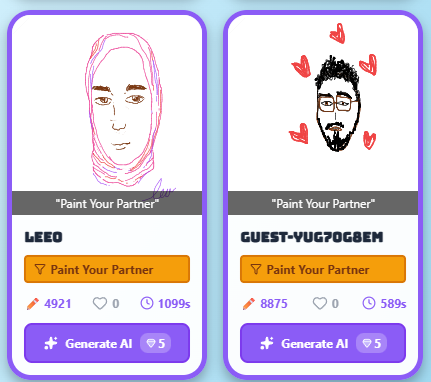 Two revealed portraits side by side, one in a headscarf, the other with a heart-framed beard