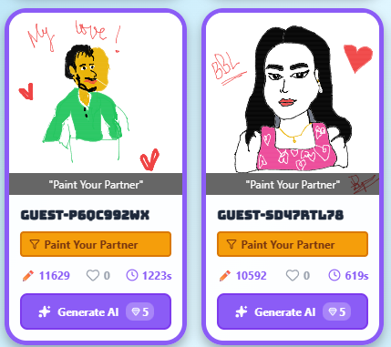 Two partners’ revealed portraits side by side, one drawn in green with hearts, the other in pink with a heart doodle
