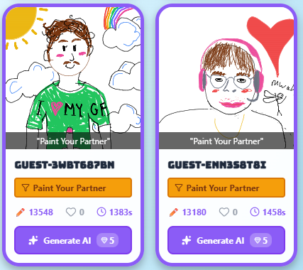 Two revealed portraits side by side, one with a sun and rainbow, the other with a big red heart