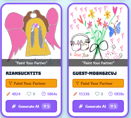 Two revealed portraits side by side, one with angel wings, the other surrounded by flowers and hearts