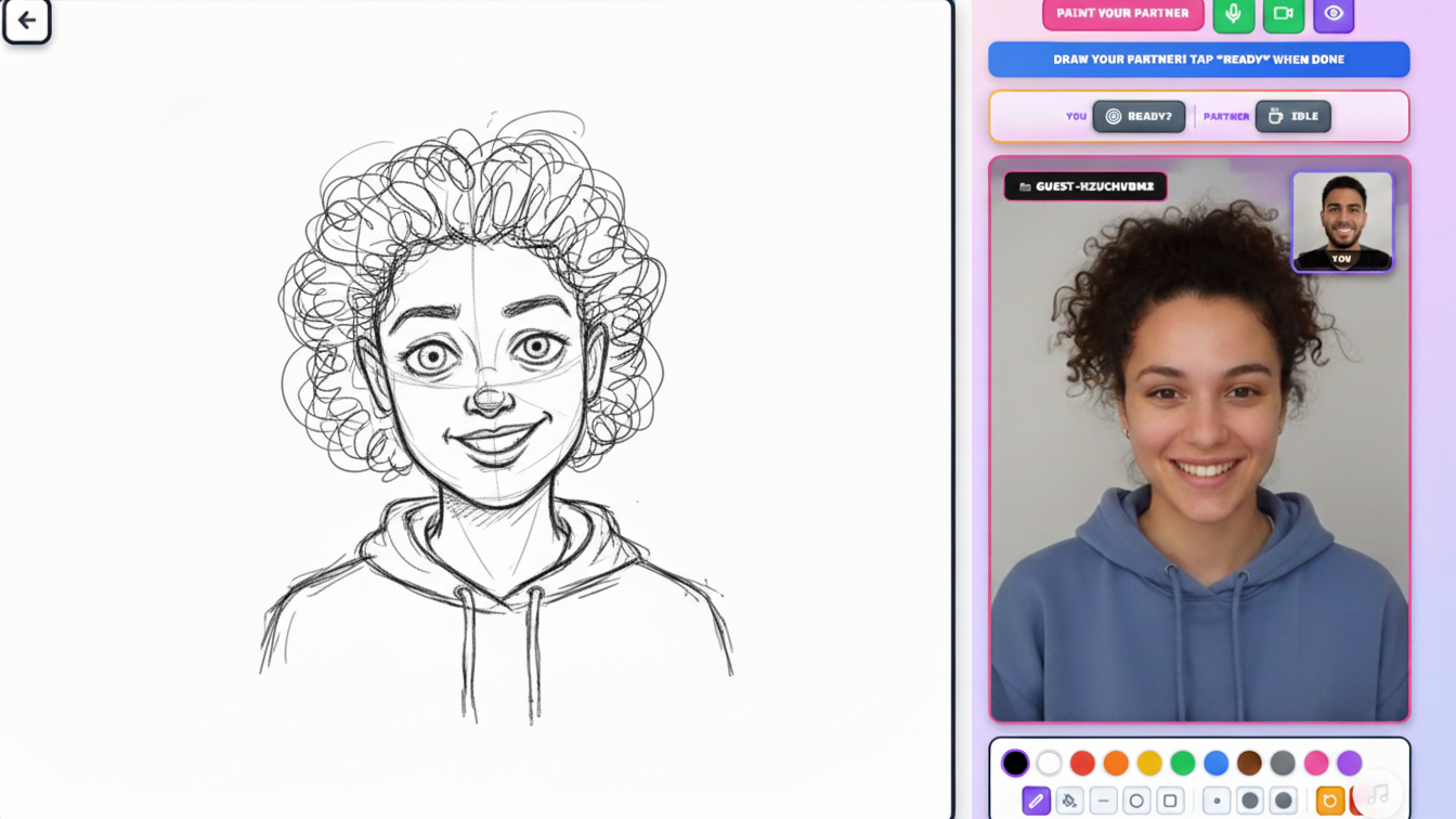 PaintYourDate screen showing a portrait of a partner beside their video call